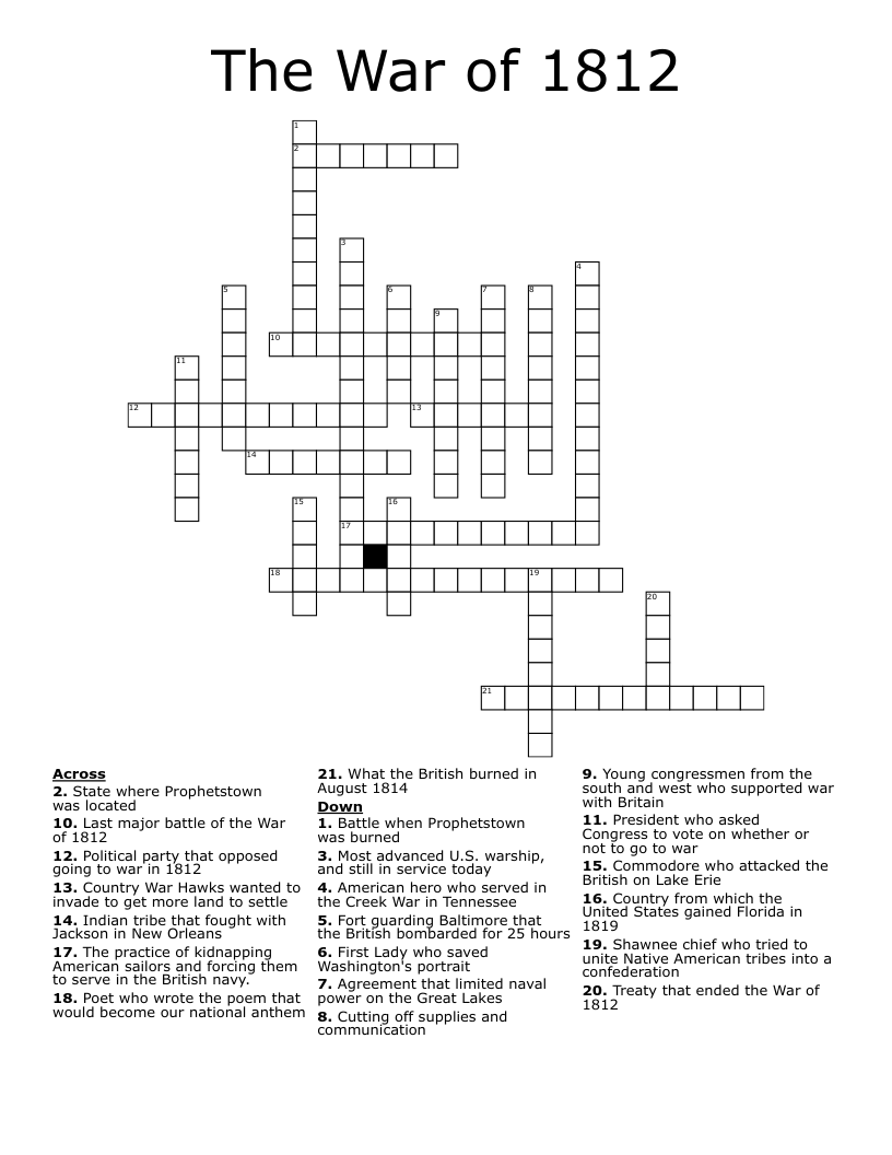 The War of 1812 Crossword