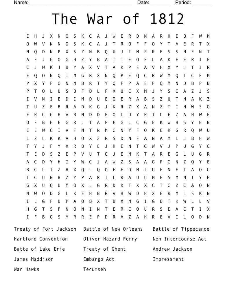 The War of 1812 Word Search