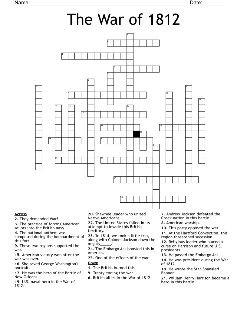 The War of 1812 Crossword