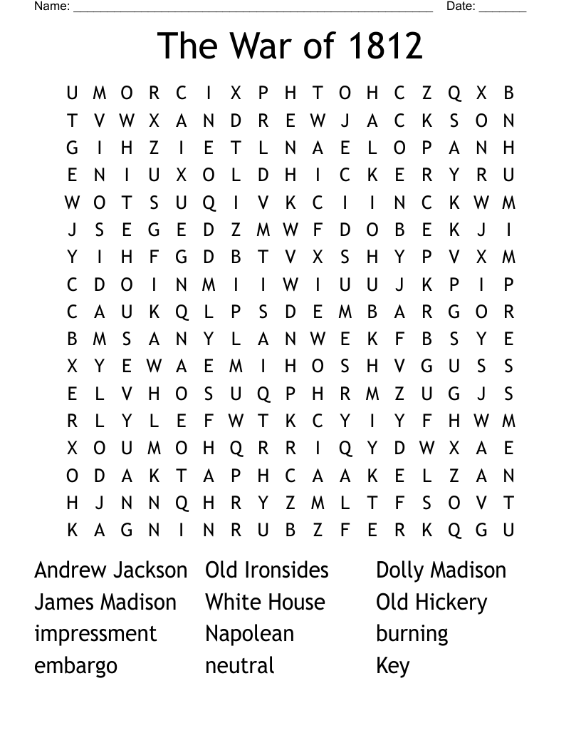 The War of 1812 Word Search