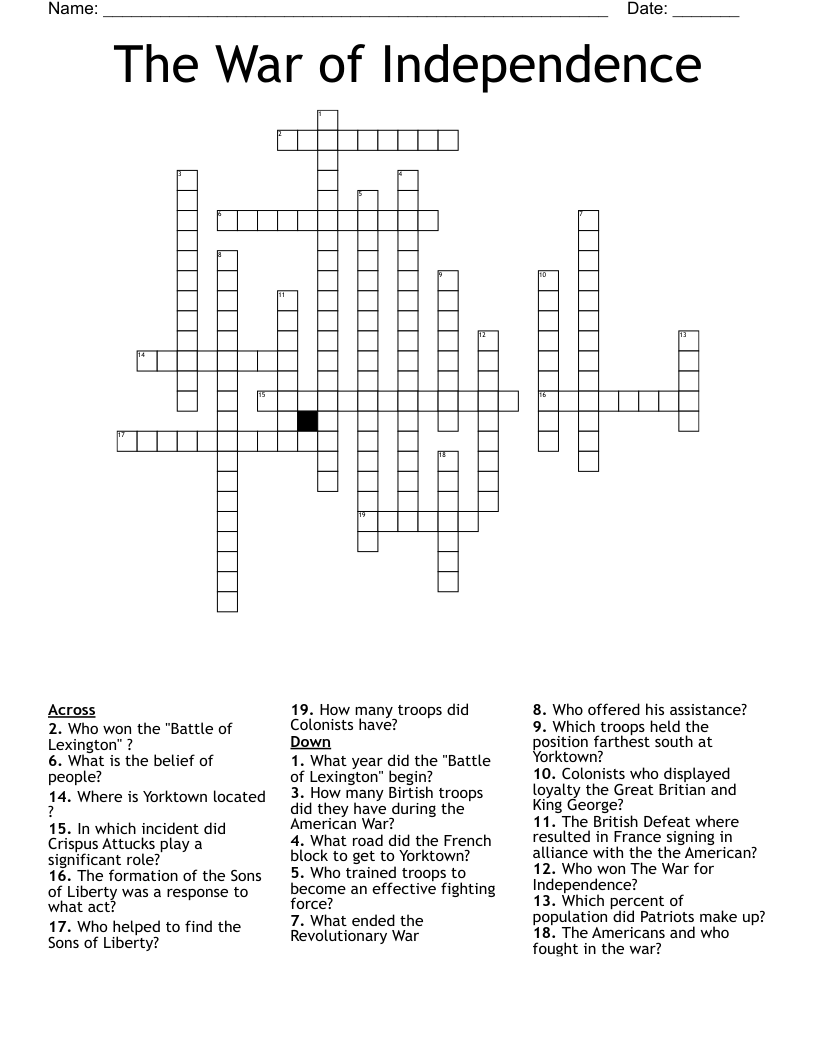 The War of Independence  Crossword