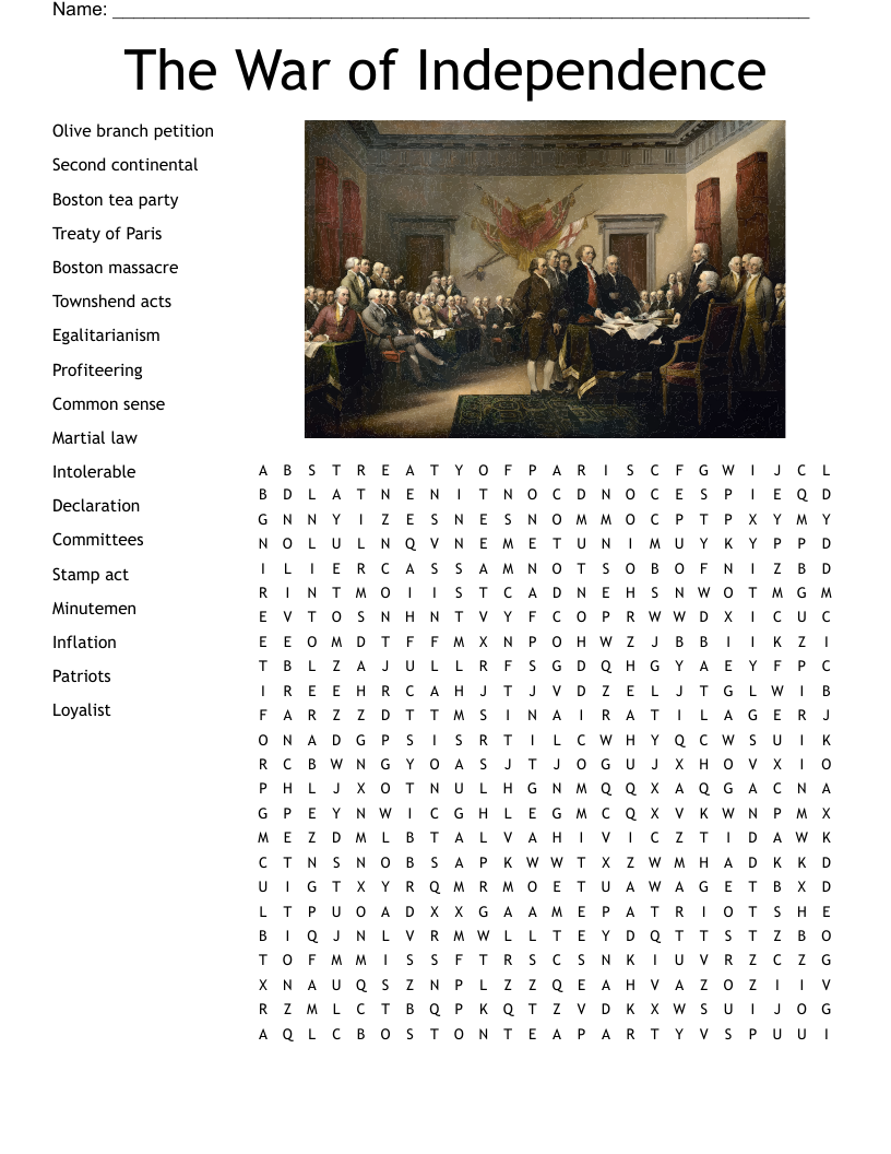 The War of Independence  Word Search