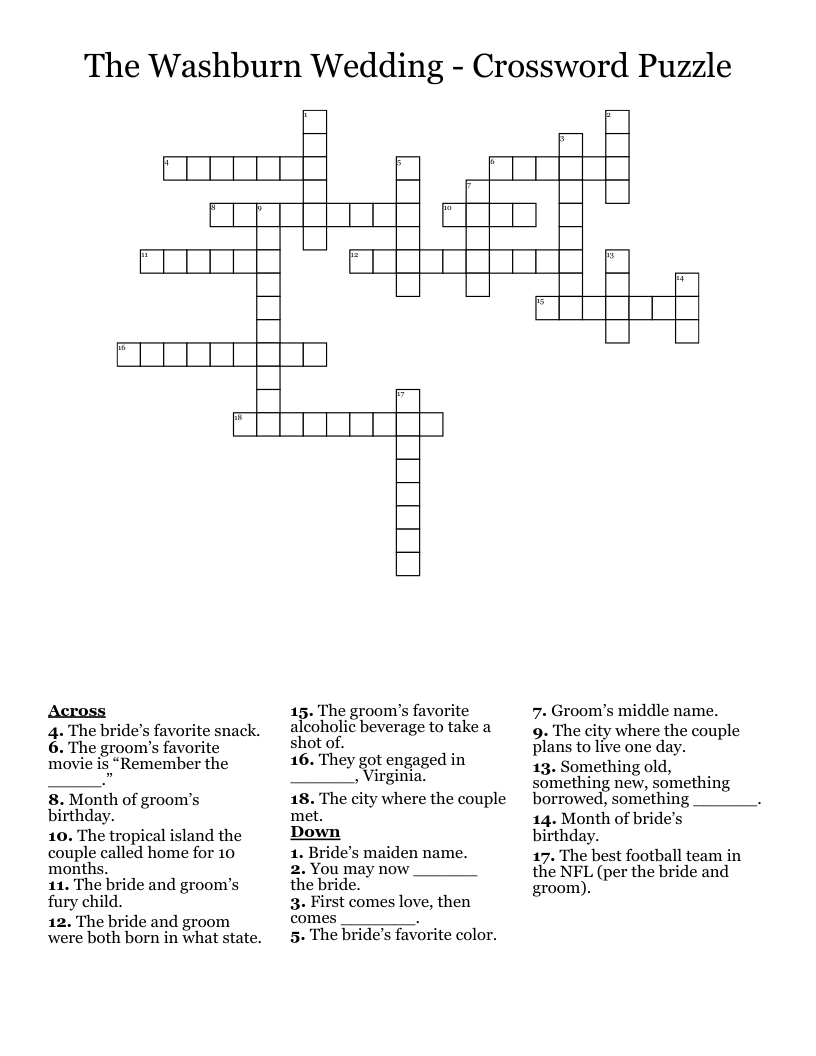 The Washburn Wedding - Crossword Puzzle