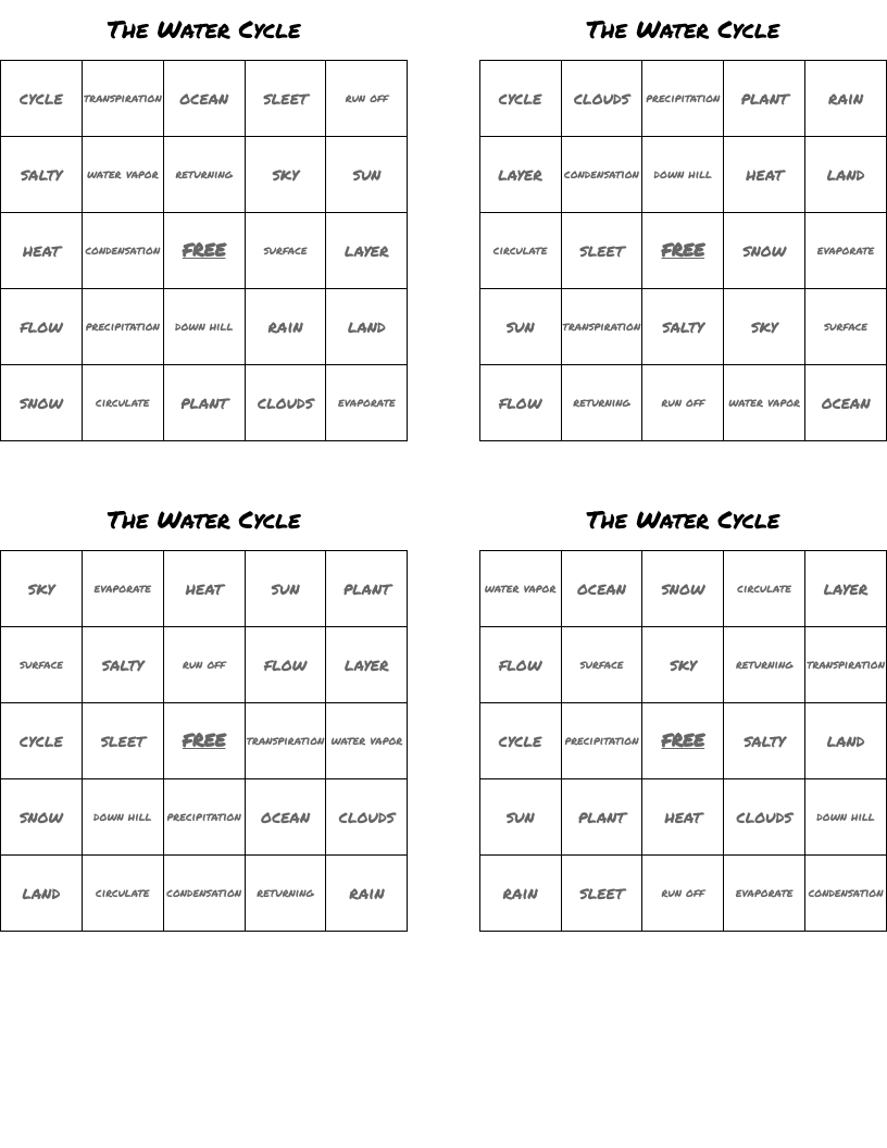 The Water Cycle Bingo Cards