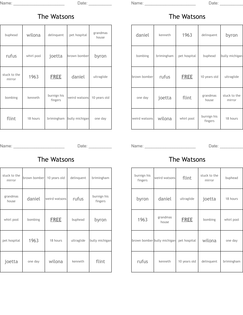 The Watsons Bingo Cards