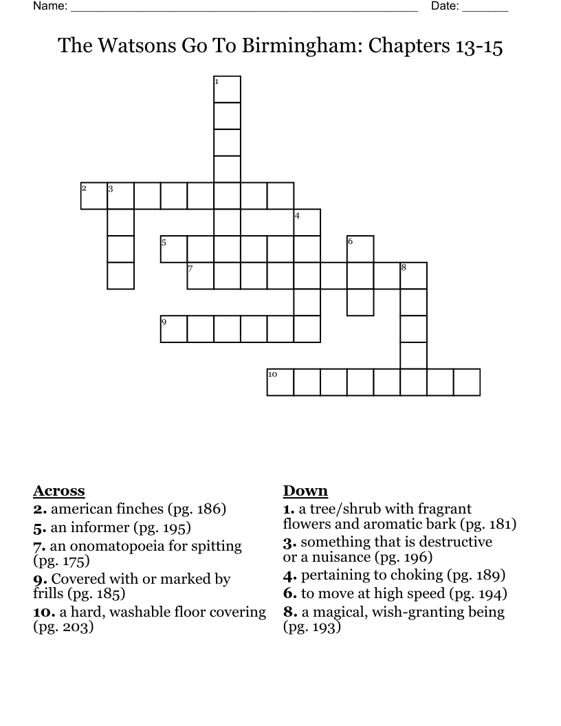 The Watsons Go To Birmingham: Chapters 13-15 Crossword