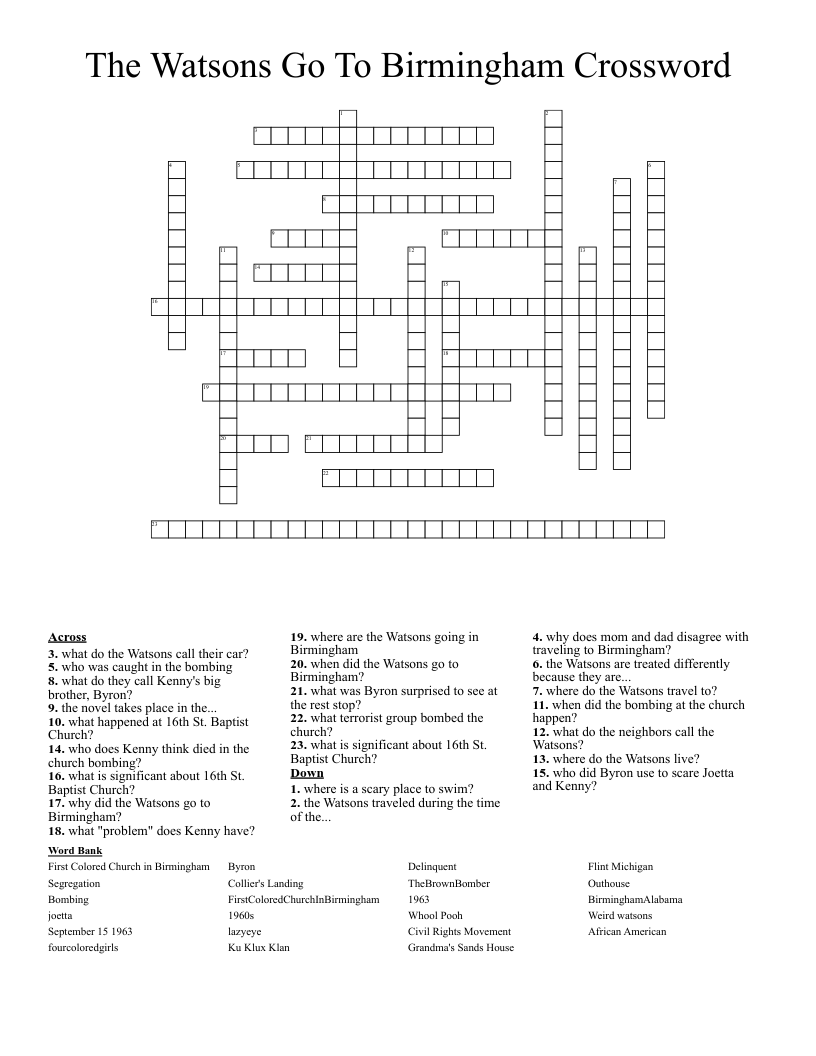 The Watsons Go To Birmingham Crossword