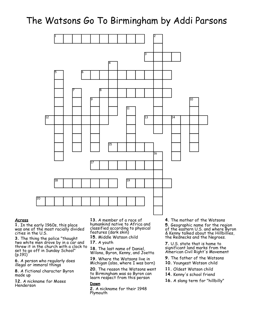 The Watsons Go To Birmingham by Addi Parsons Crossword
