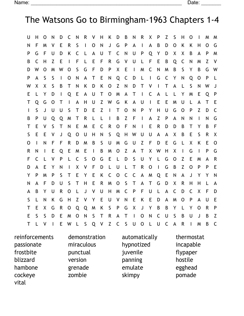 The Watsons Go to Birmingham-1963 Chapters 1-4 Word Search