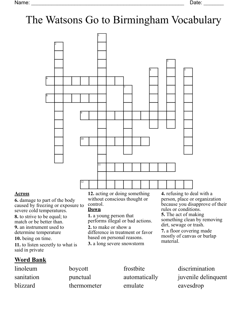 The Watsons Go to Birmingham Vocabulary Crossword