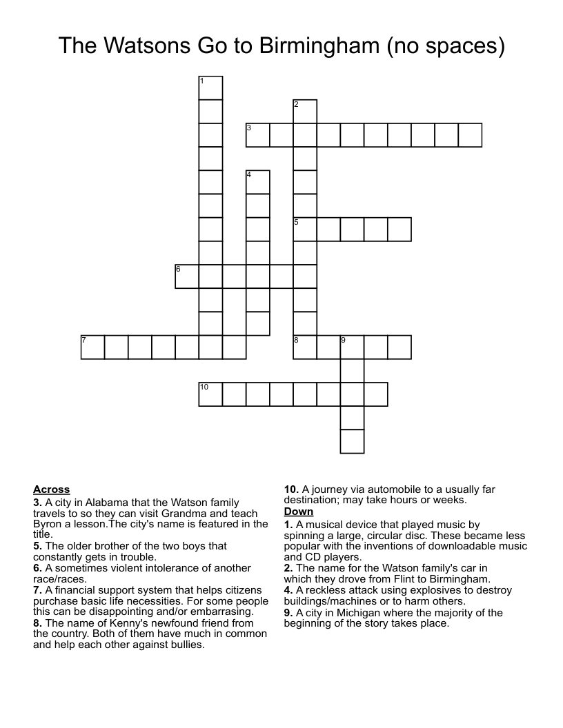 The Watsons Go to Birmingham (no spaces) Crossword