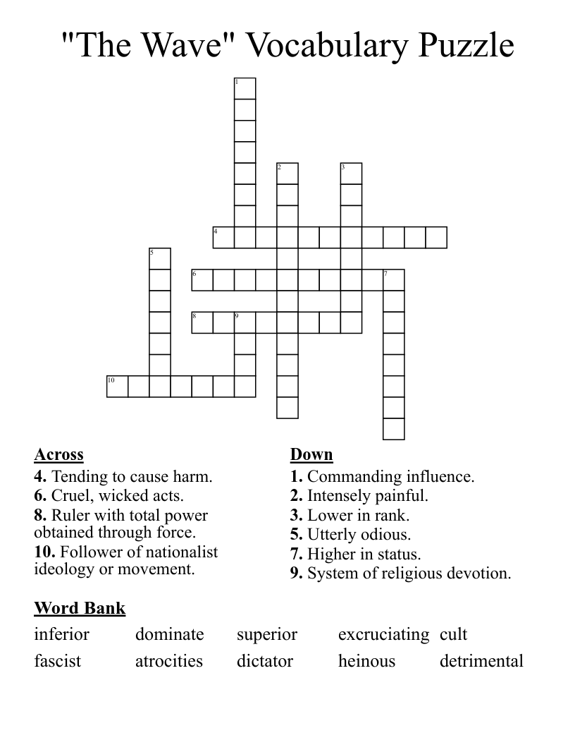 "The Wave" Vocabulary Puzzle Crossword