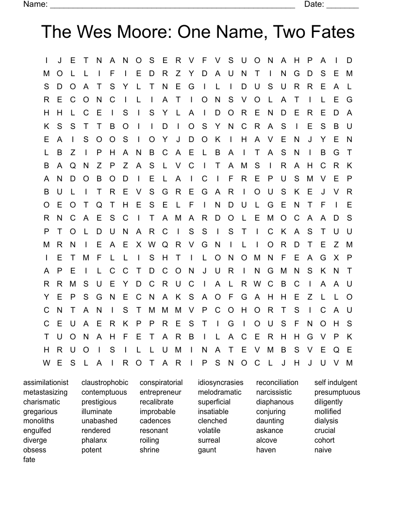 The Wes Moore: One Name, Two Fates Word Search