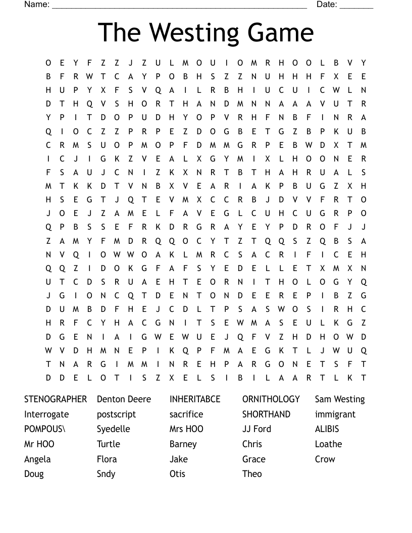 The Westing Game Word Search