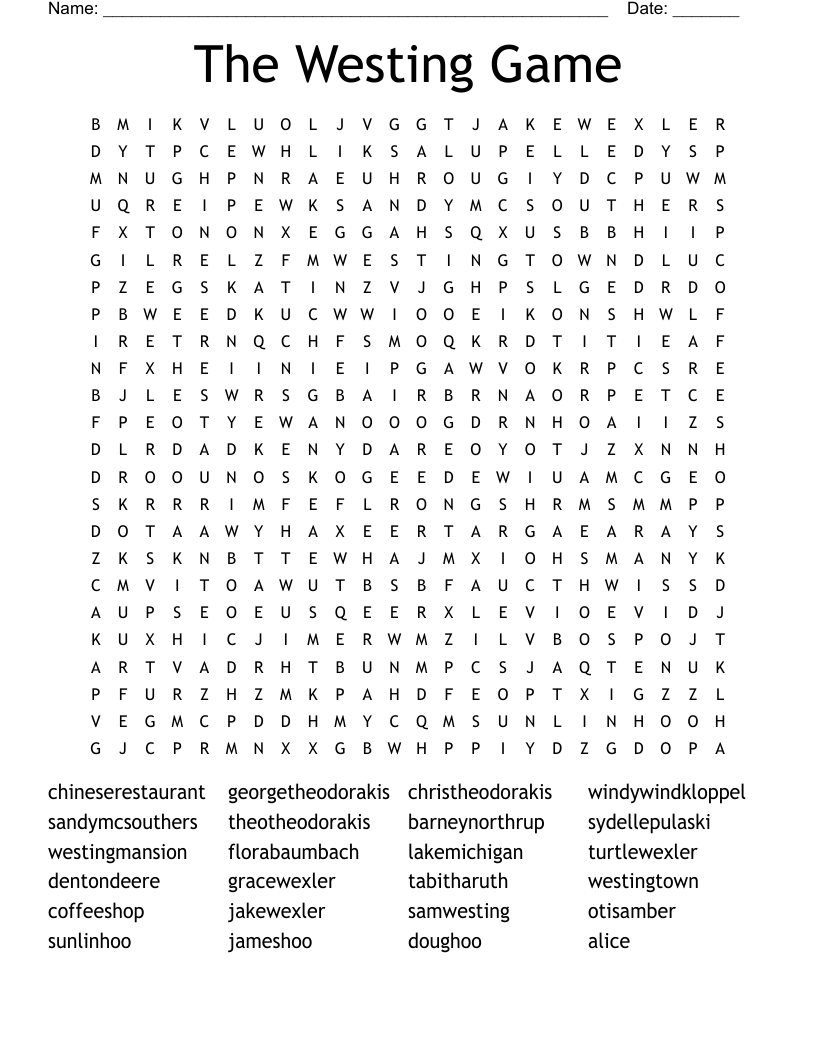 The Westing Game Word Search