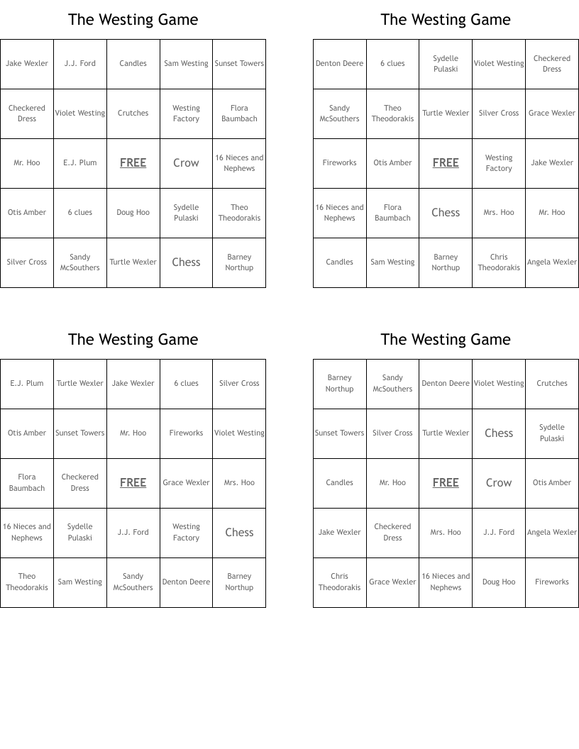 The Westing Game Bingo Cards