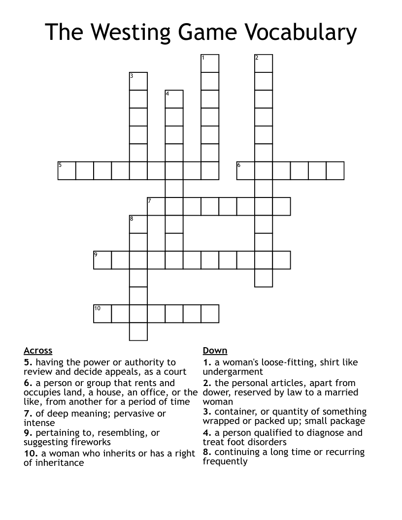 The Westing Game Vocabulary  Crossword