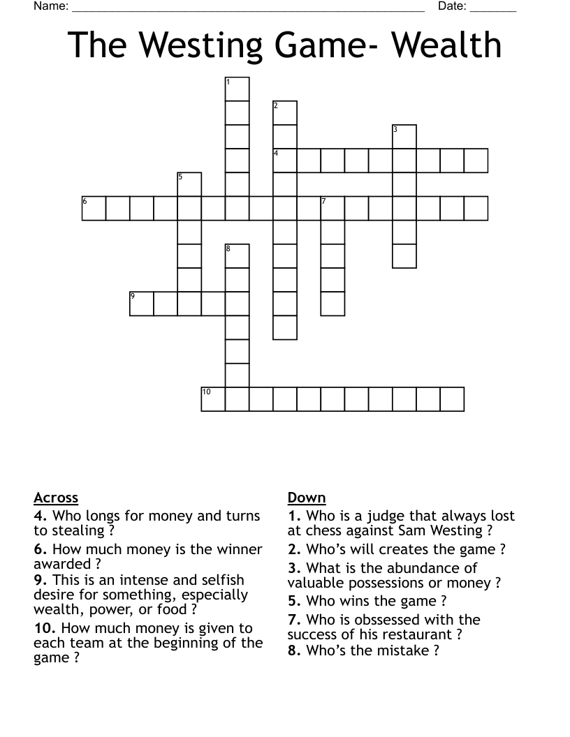 The Westing Game- Wealth Crossword