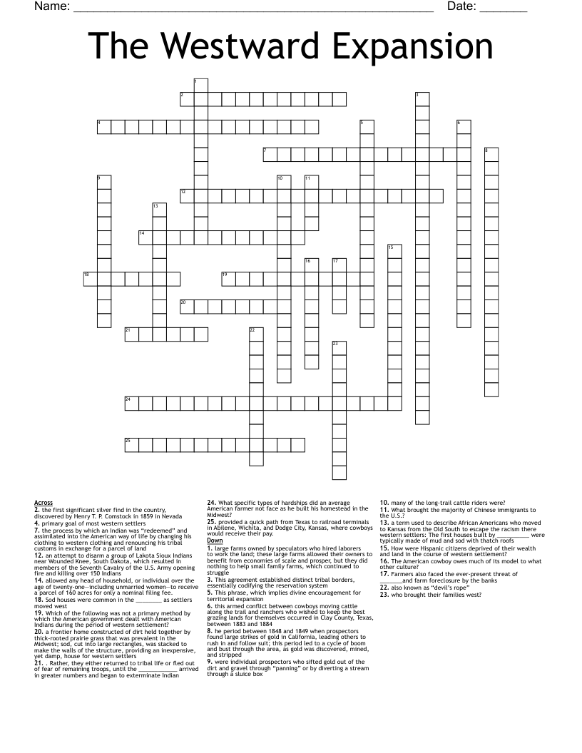 The Westward Expansion  Crossword