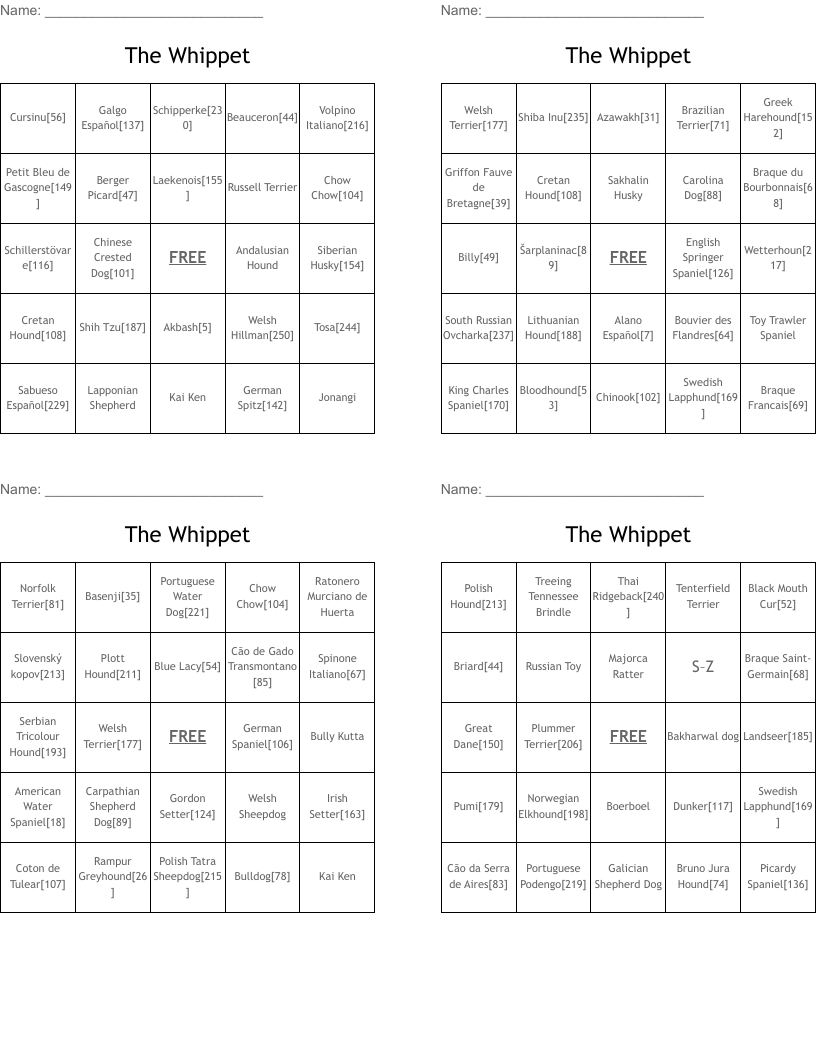 The Whippet  Bingo Cards