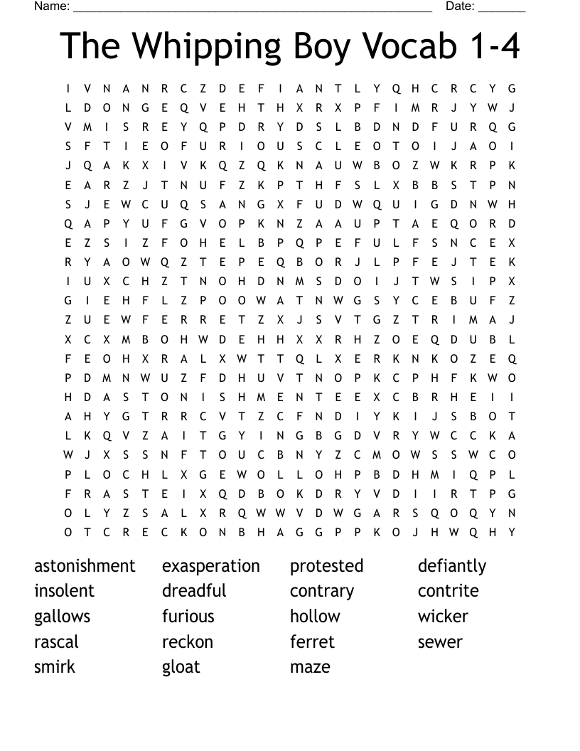 The Whipping Boy Vocab 1-4 Word Search