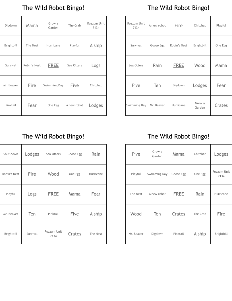 The Wild Robot Bingo!