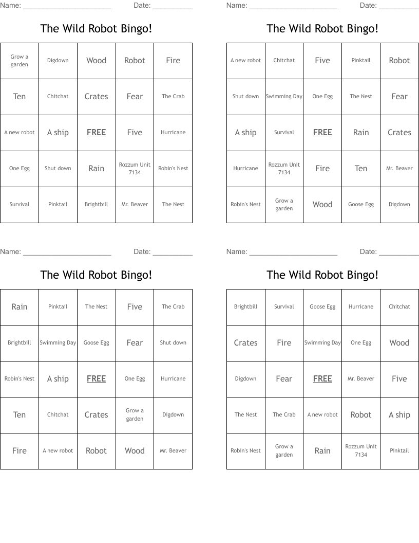 The Wild Robot Bingo!