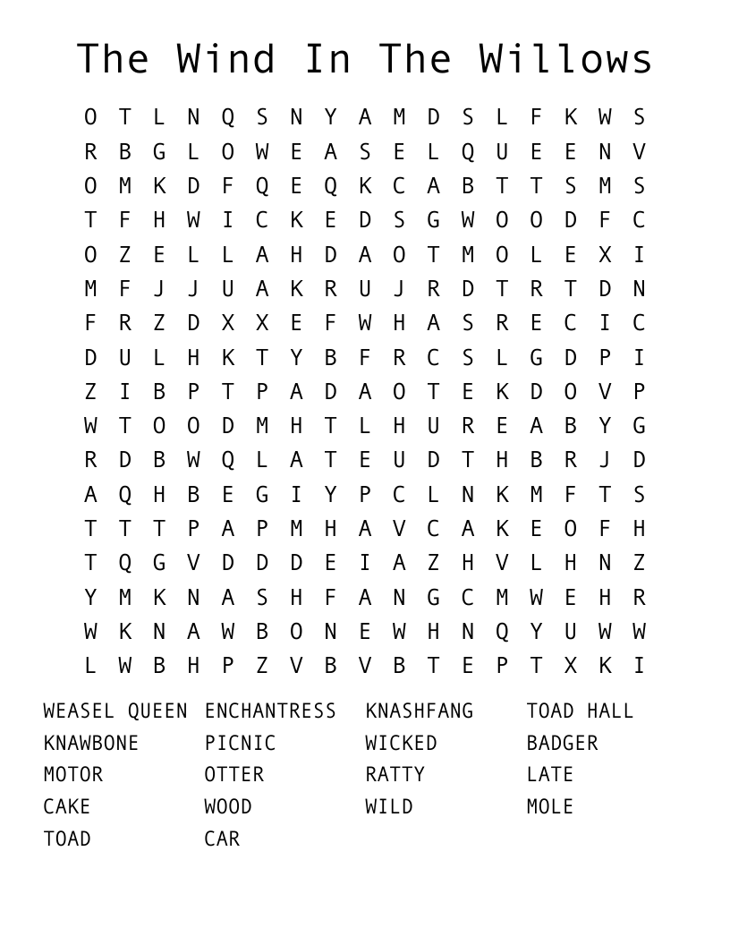 The Wind In The Willows Word Search