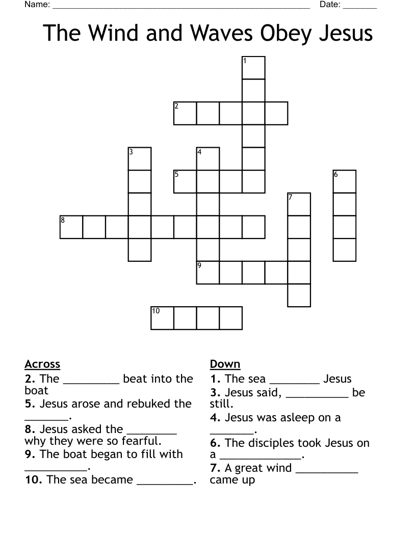 The Wind and Waves Obey Jesus Crossword