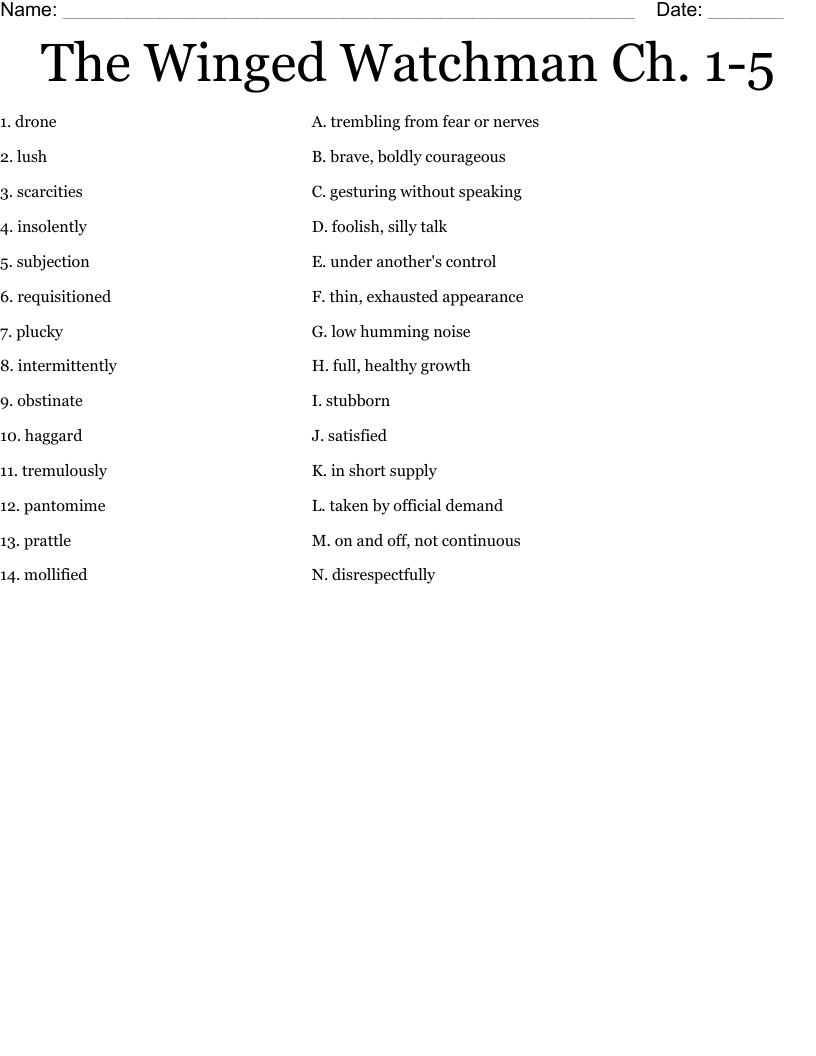 The Winged Watchman Ch. 1-5 Worksheet