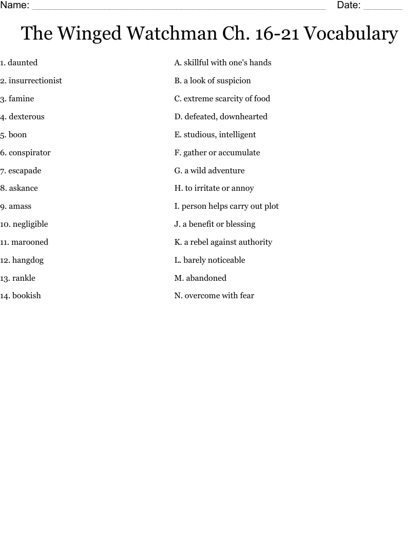 The Winged Watchman Ch. 16-21 Vocabulary Worksheet