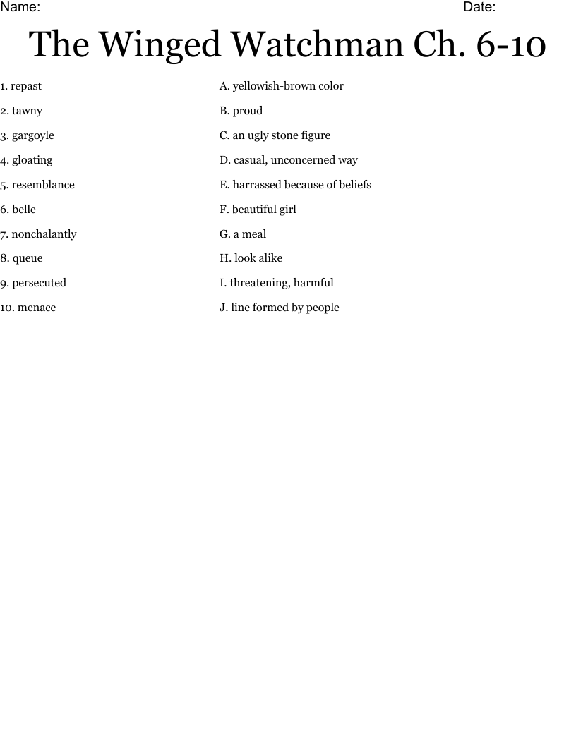 The Winged Watchman Ch. 6-10 Worksheet