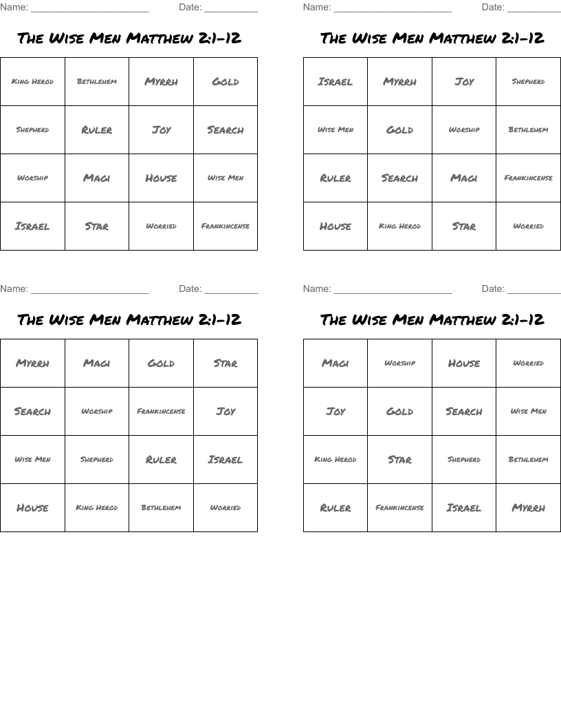 The Wise Men Matthew 2:1-12 Bingo Cards