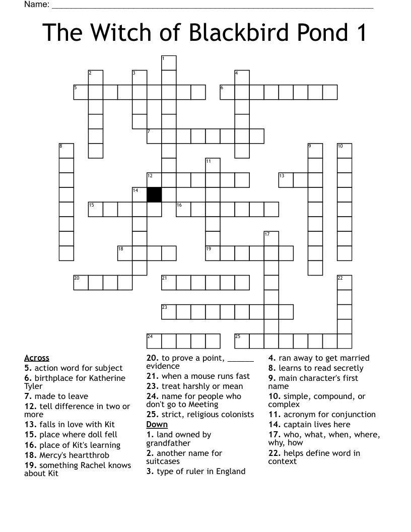 The Witch of Blackbird Pond 1 Crossword