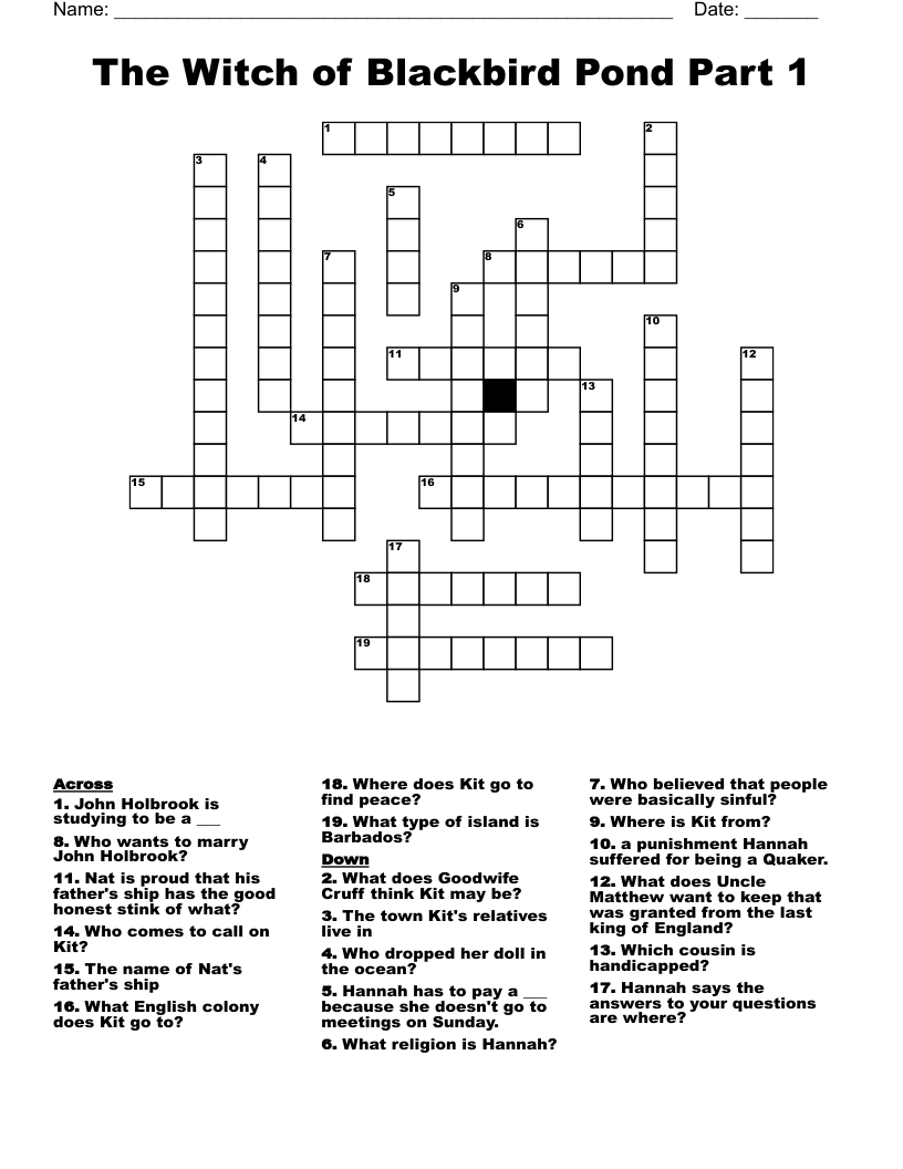 The Witch of Blackbird Pond Part 1 Crossword