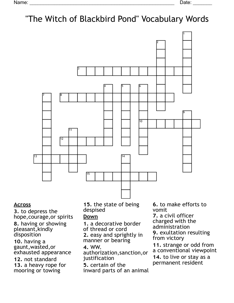"The Witch of Blackbird Pond"  Vocabulary Words Crossword