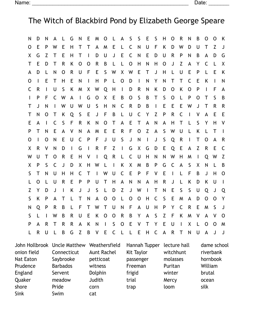 The Witch of Blackbird Pond   by Elizabeth George Speare Word Search