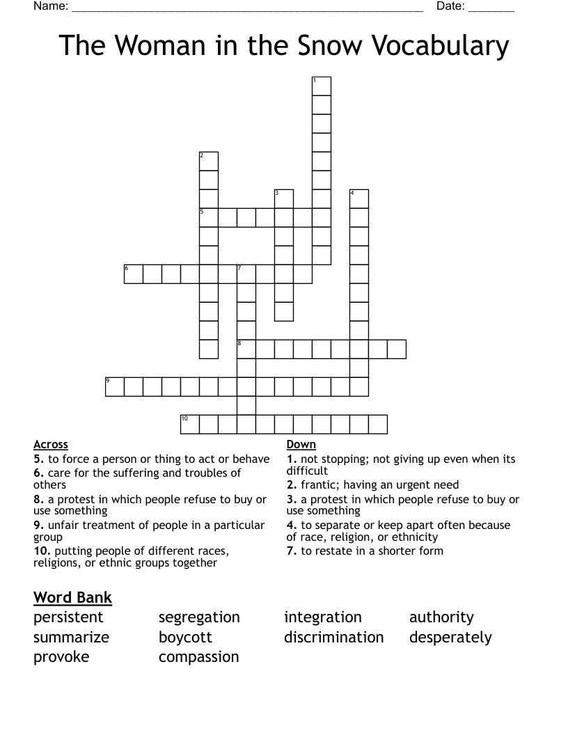 The Woman in the Snow Vocabulary Crossword