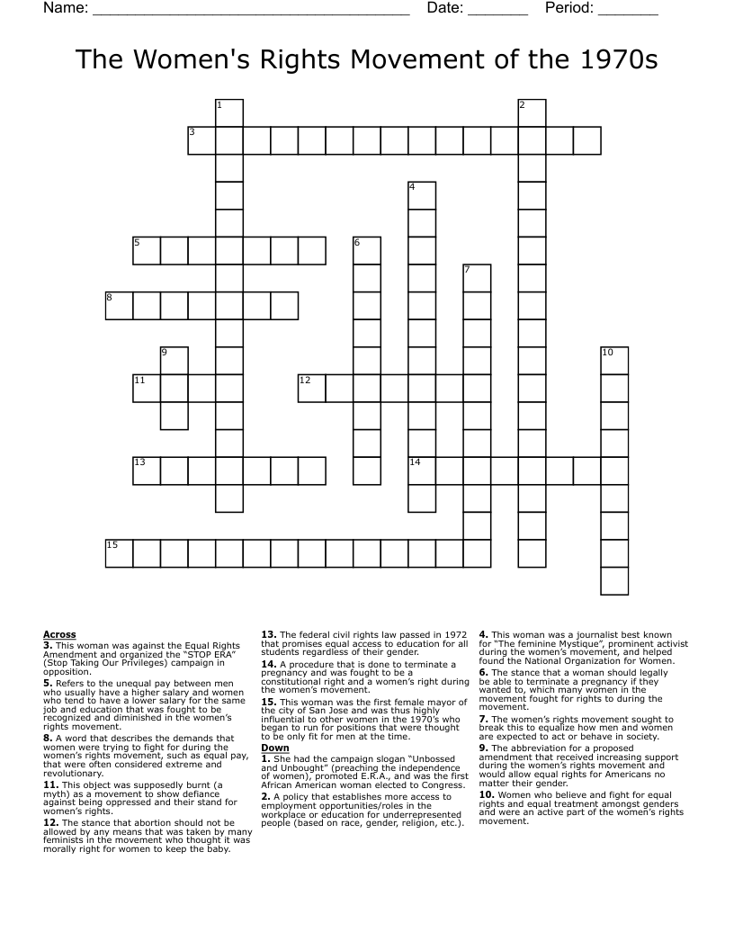 The Women's Rights Movement of the 1970s Crossword