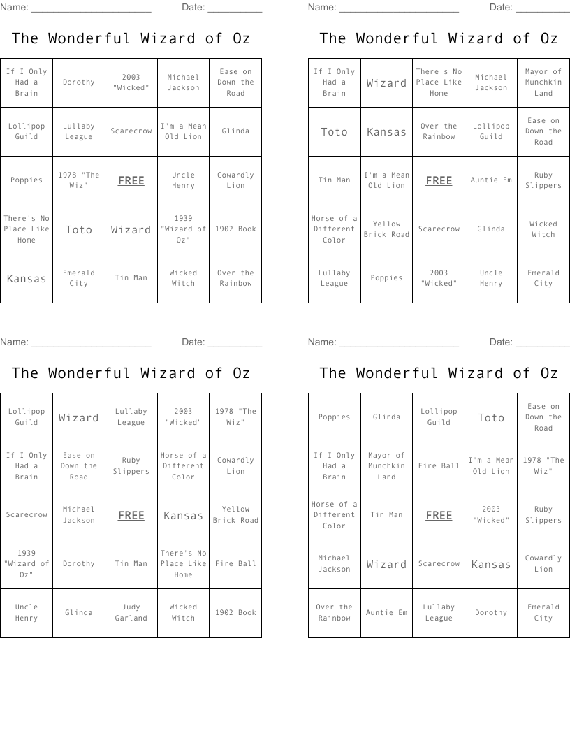 The Wonderful Wizard of Oz Bingo Cards