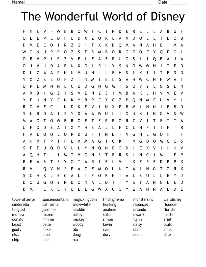 The Wonderful World of Disney Word Search
