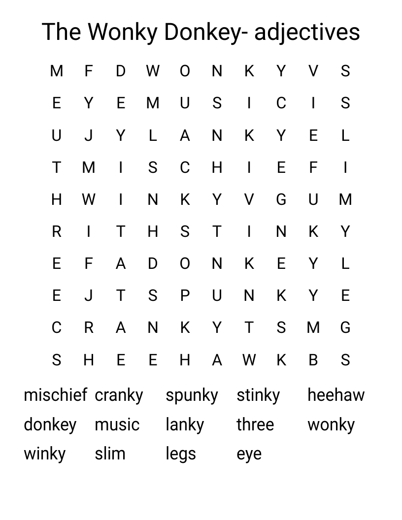 The Wonky Donkey- adjectives Word Search