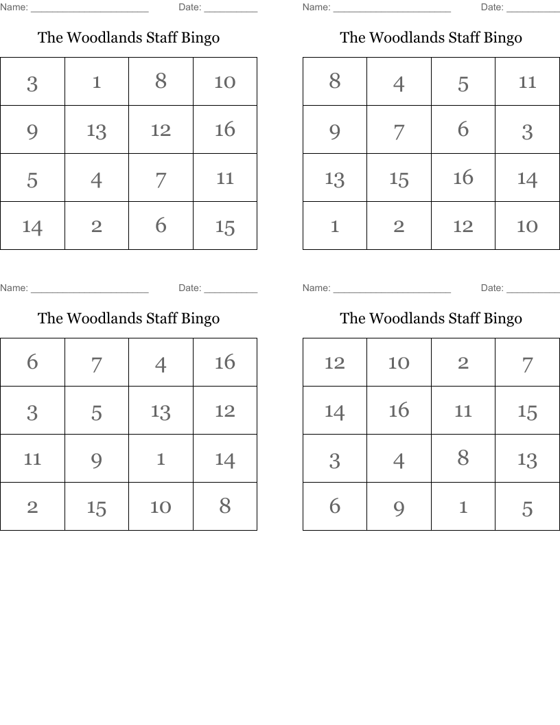 The Woodlands Staff Bingo