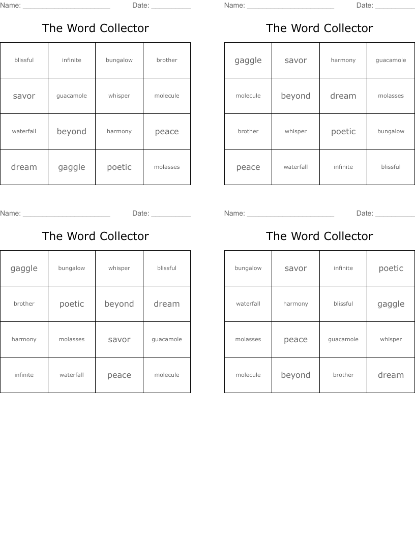 The Word Collector Bingo Cards