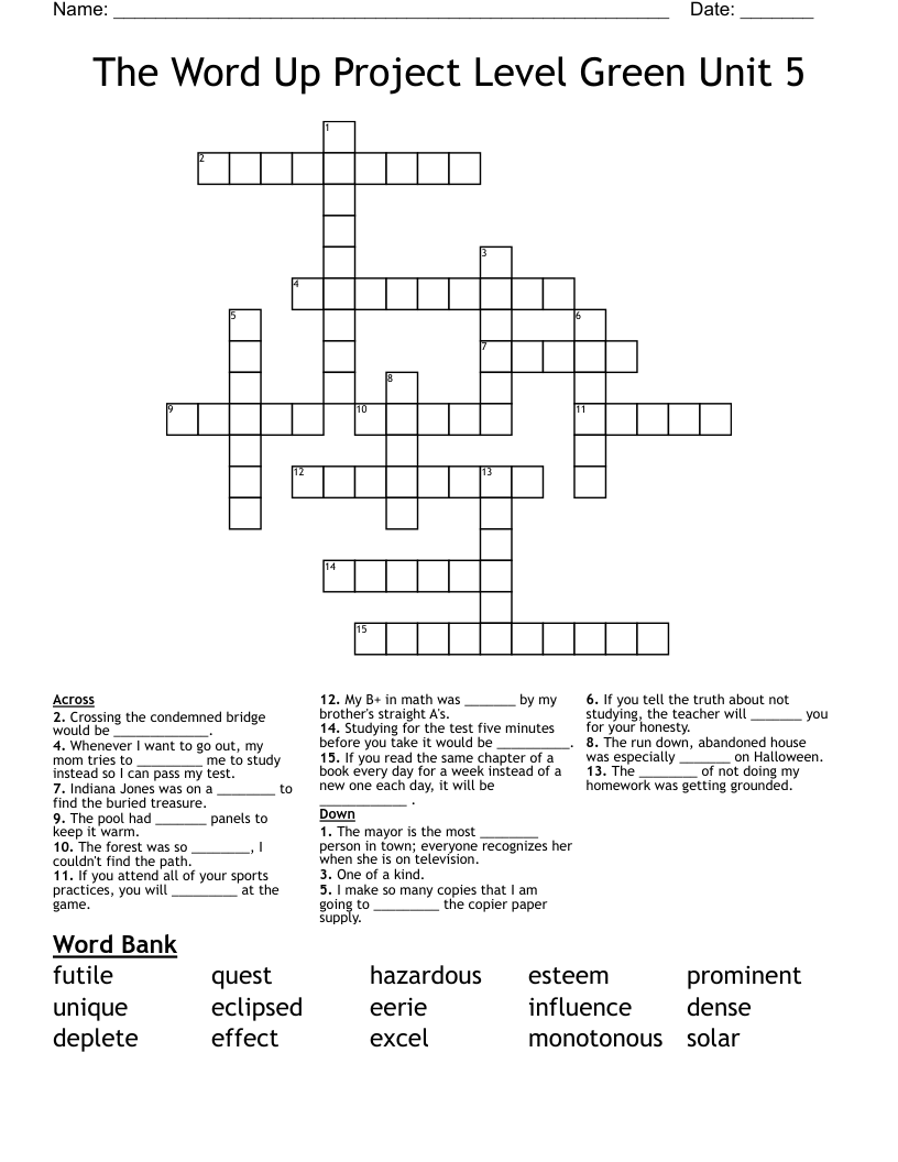 The Word Up Project Level Green Unit 5 Crossword
