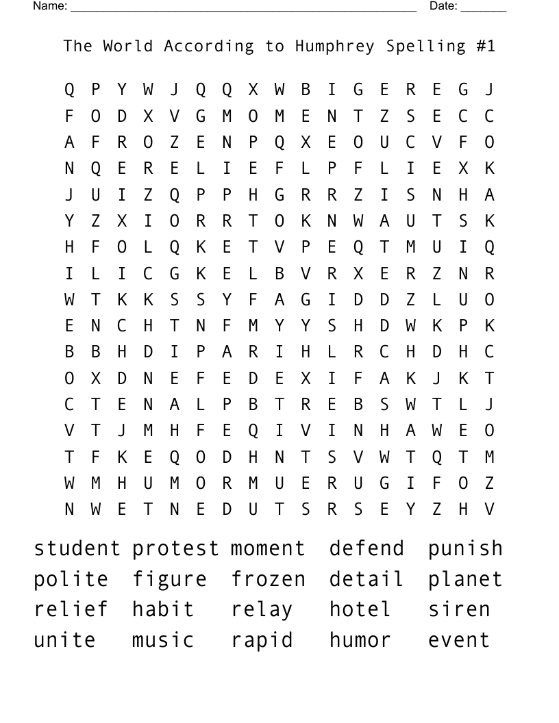 The World According to Humphrey  Spelling #1 Word Search