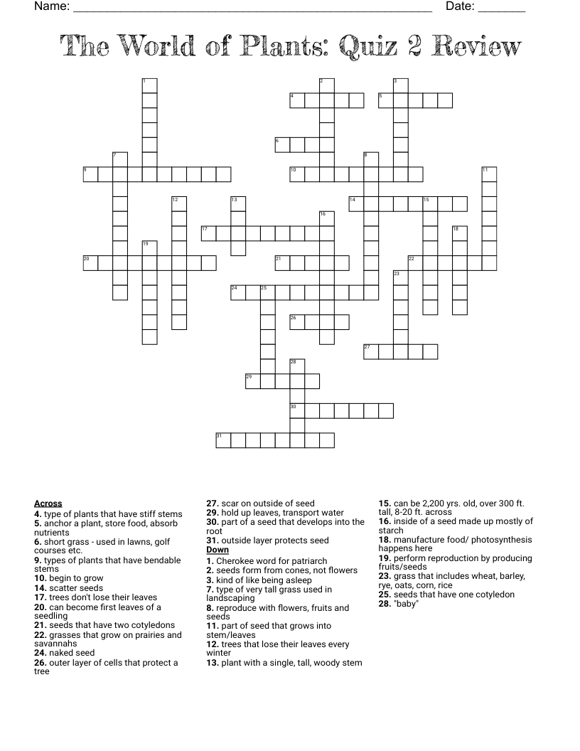 The World of Plants: Quiz 2 Review Crossword