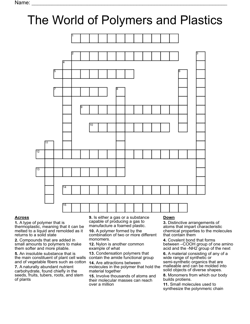 The World of Polymers and Plastics  Crossword