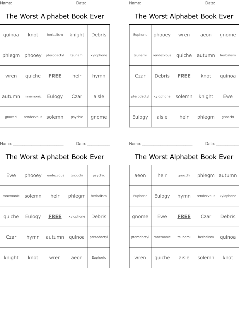 The Worst Alphabet Book Ever Bingo Cards