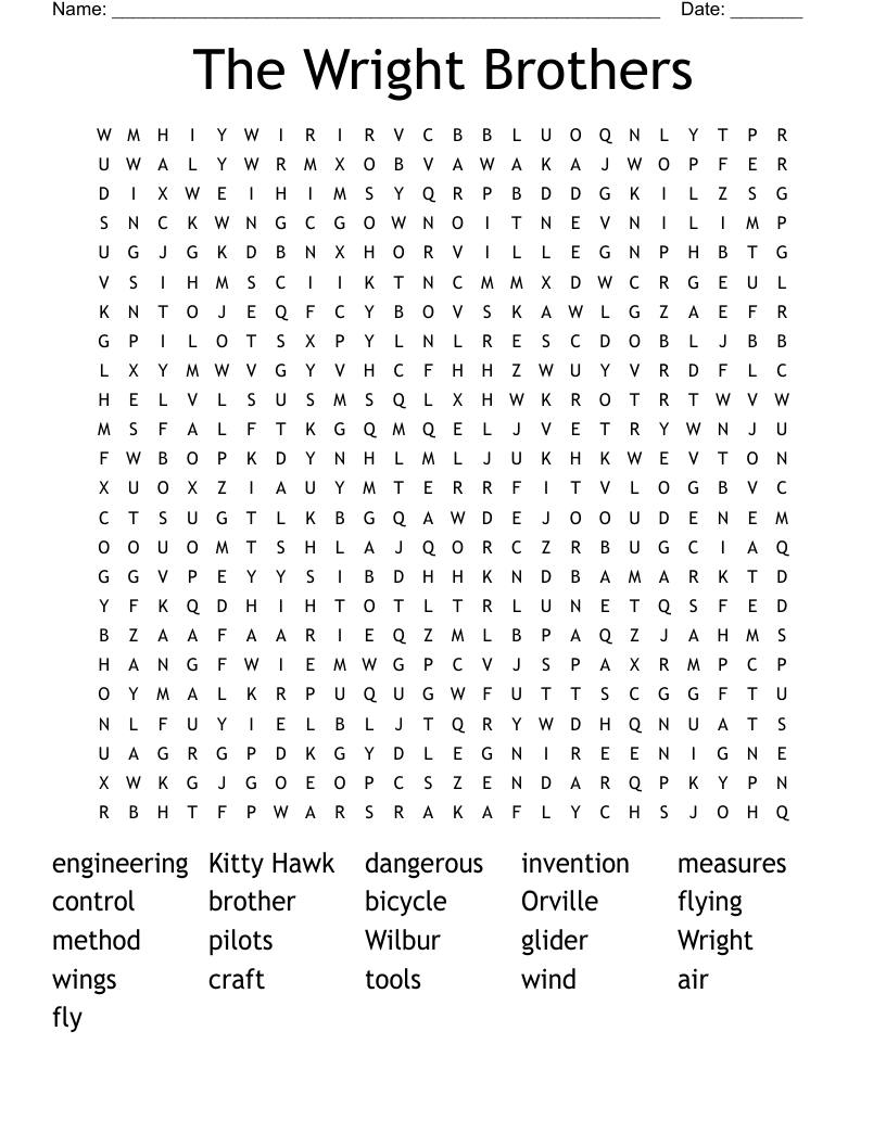 The Wright Brothers Word Search